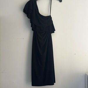 One sleeve black mini dress